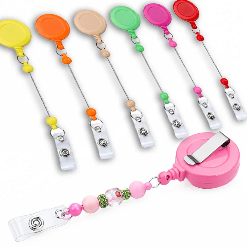 5/15Pcs Random Color Beaded Retractable Badge Reel Clips DIY ID Card Holders with Belt Clip Charm for Nurse Teacher Office TMZ