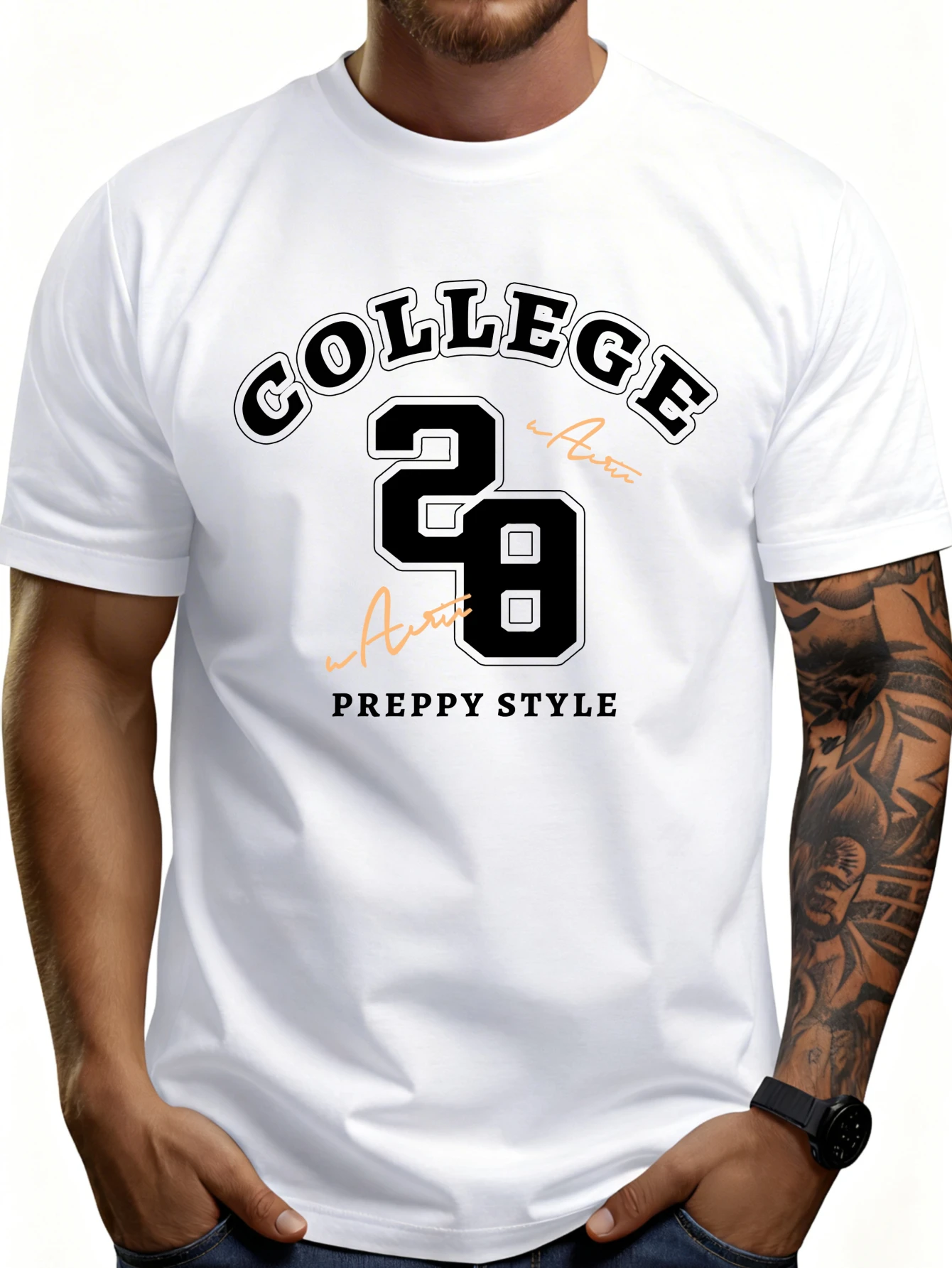 Academy-Style Men's T-Shirt with the Number 28 and Signature Design, Perfect for Casual Wear in Spring and Summer, and Is the Ideal Gift for Students and Fashion Enthusiasts.
