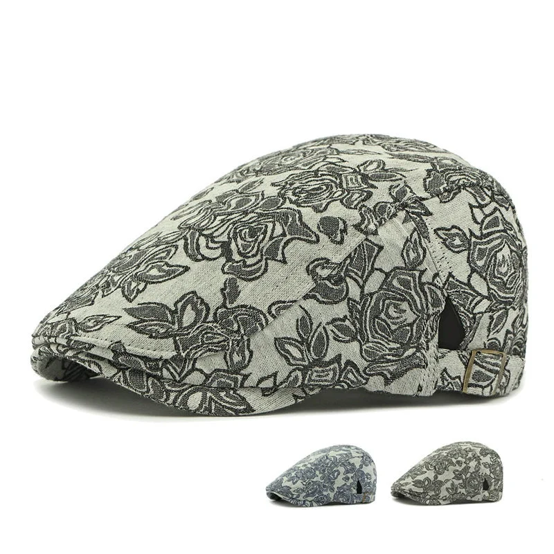 2025 أربعة مواسم البوليستر طباعة موزع الصحف قبعات الرجال قبعة مسطحة النساء الرسام قبعات بيريه 78