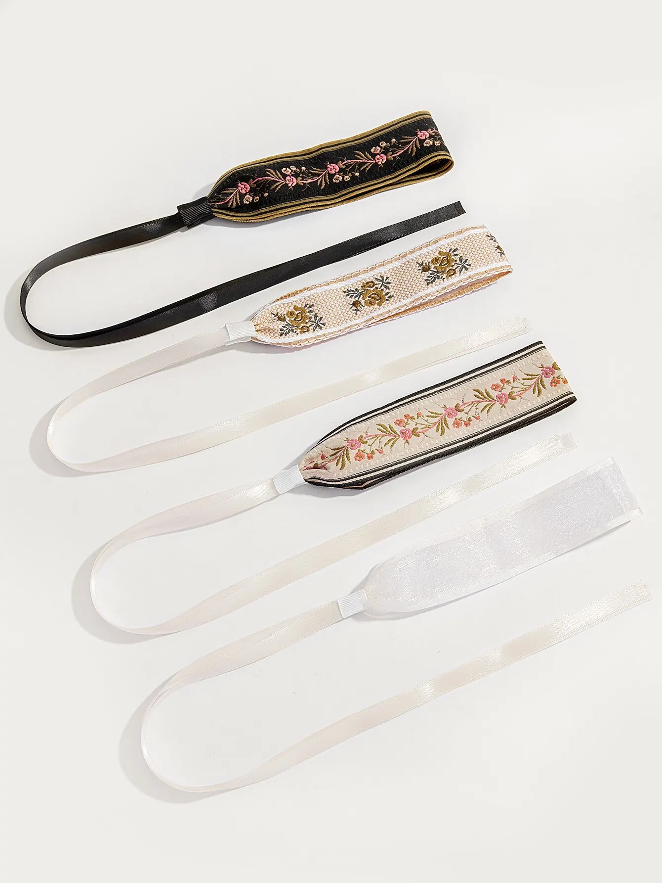 4-Piece Women\'s Vintage Streamer Headband Embroidery Flower Lace Ribbon Headband