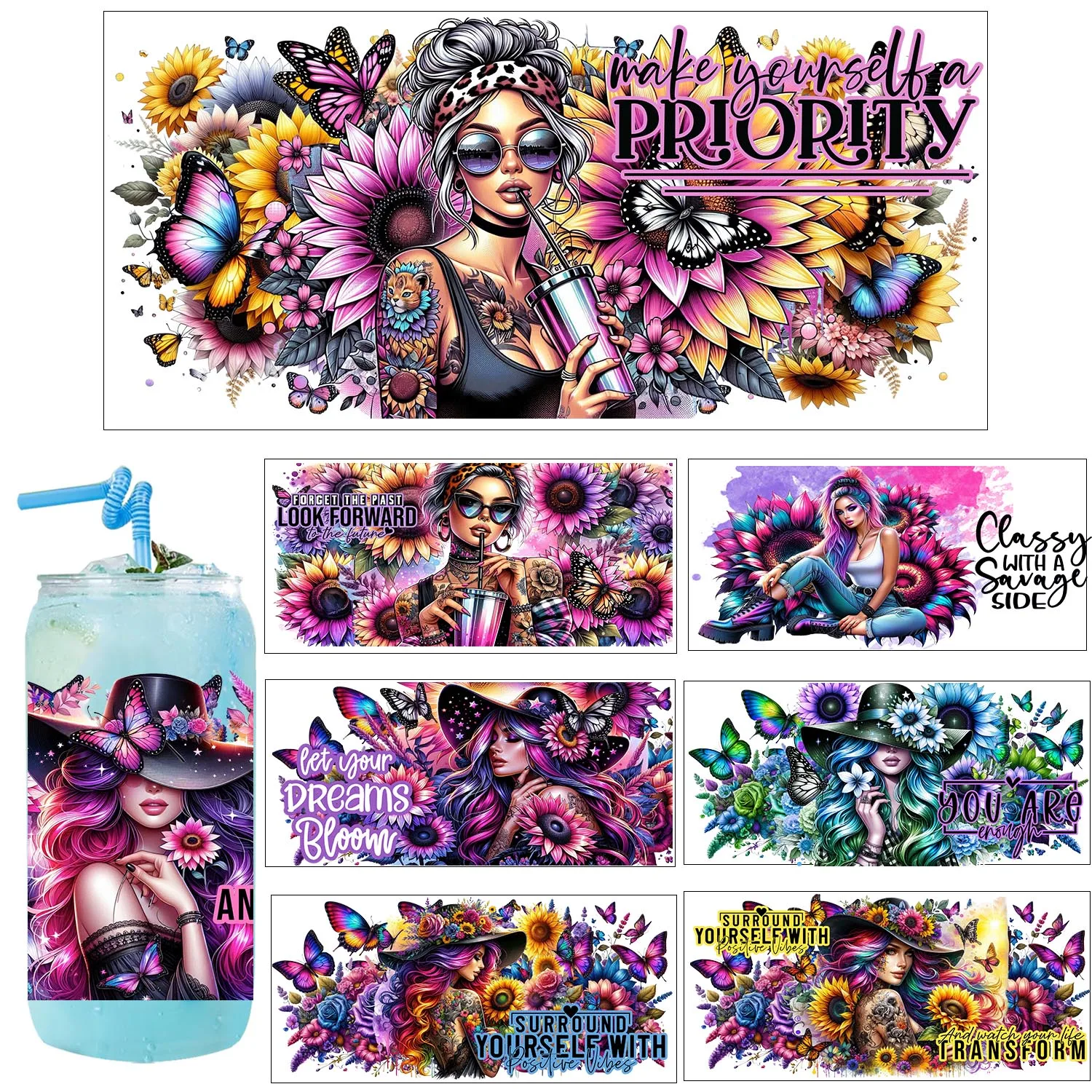 Woman power Series easy peel waterproof DIY Decals 3D transfers uvdtf stickers 16oz uv dtf cup wraps for Libbey Glasses