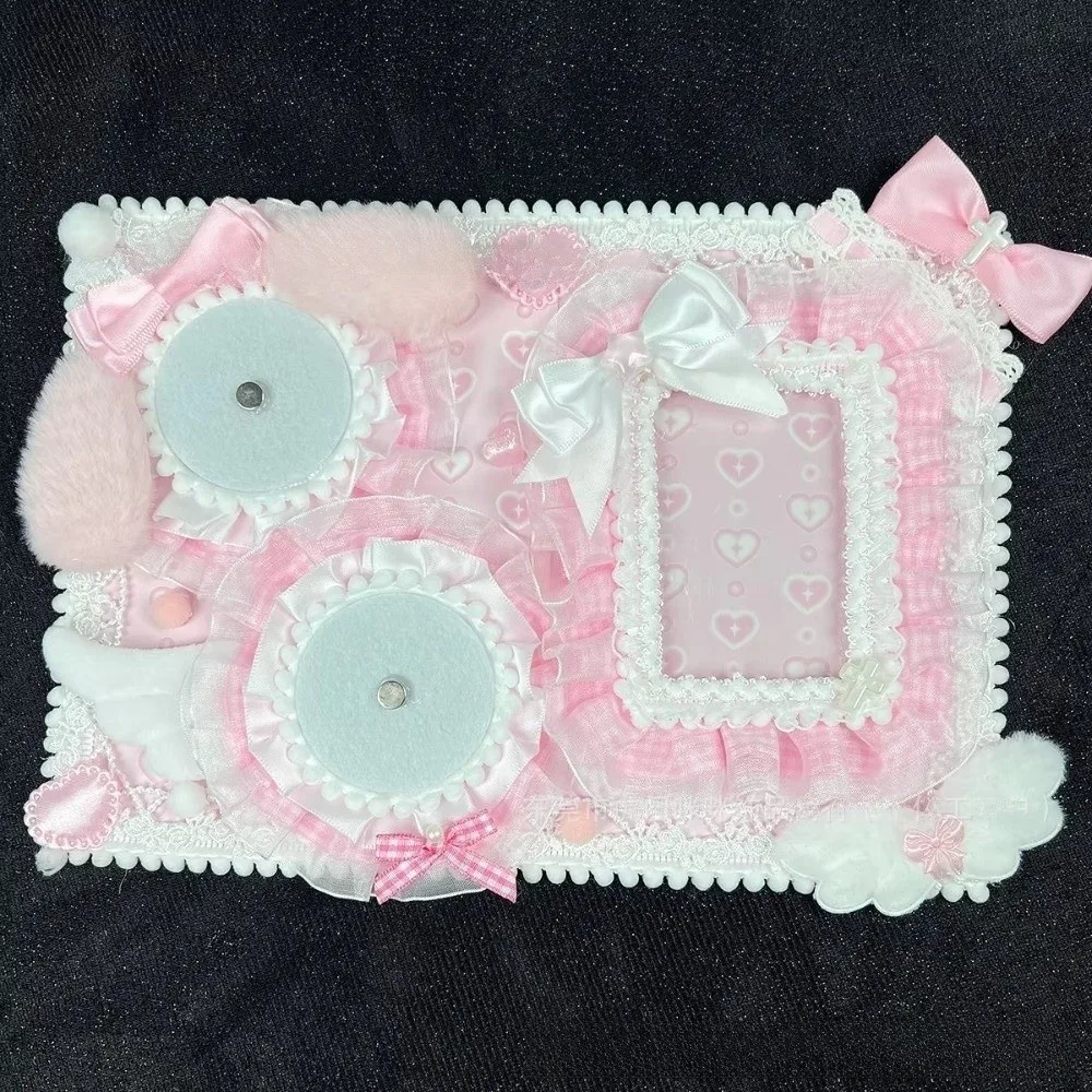 Lace Trim Ita Badge Display Board Fluffy Bunny Decor Ribbon Accents Anime Badge Holder Board Transparent Pockets Fabric