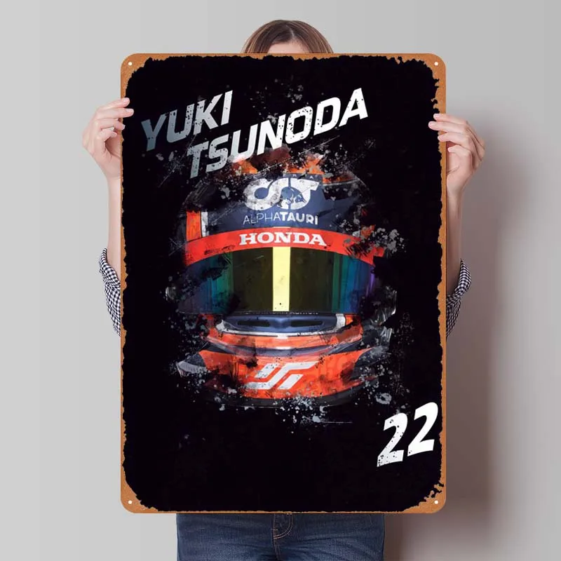 Yuki Tsunoda  F1 Helmet Tin Sign Man Cave Wall Art Gamer Room Decoration Vintage Metal Signs for Pub Club Garage Wall Decoration