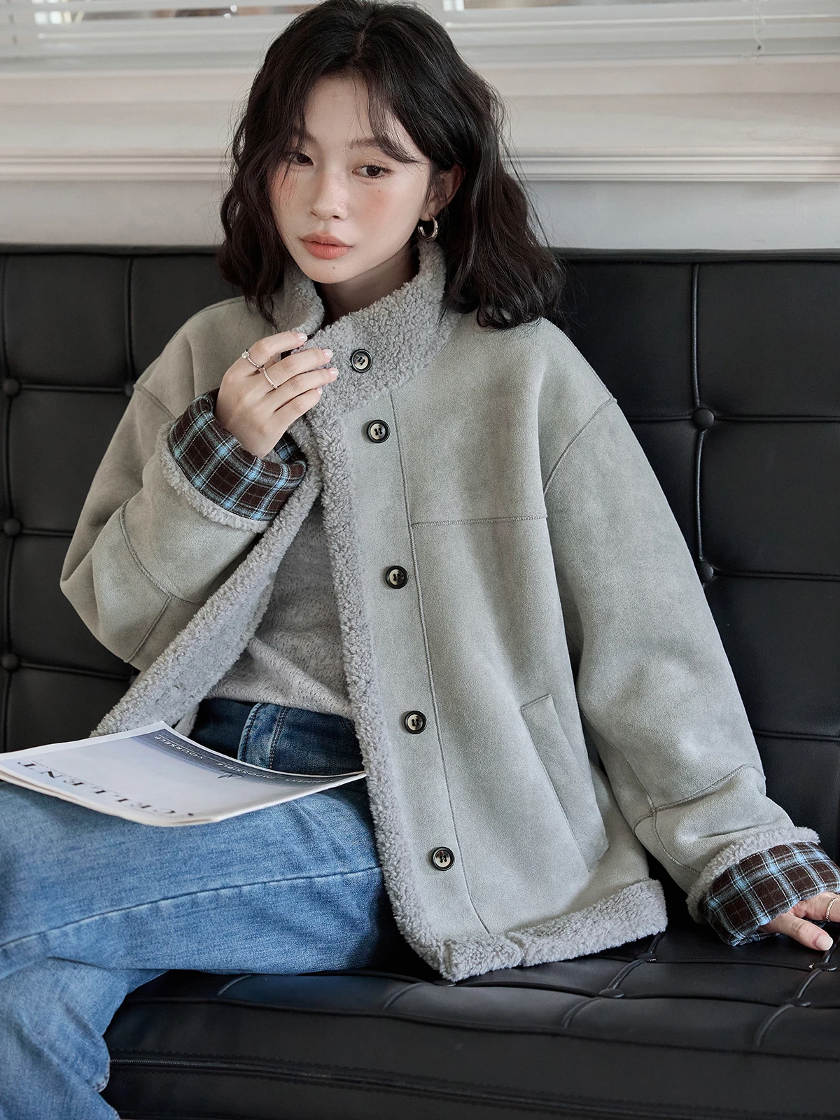 

Ele Versatile Women's Suede Lamb Fur Jaet HUIXI Commute Sle Long Sve Stand Fit Daily Wear Winter 2025 New Arrival