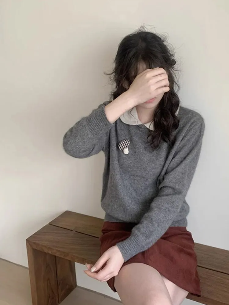 سترة Laid-ba الكورية Sle للتخسيس طويلة Sve بياقة الدمية سترة محبوكة قابلة للتنقل كاجوال متعددة الاستخدامات للتنقل العلوي والرياح