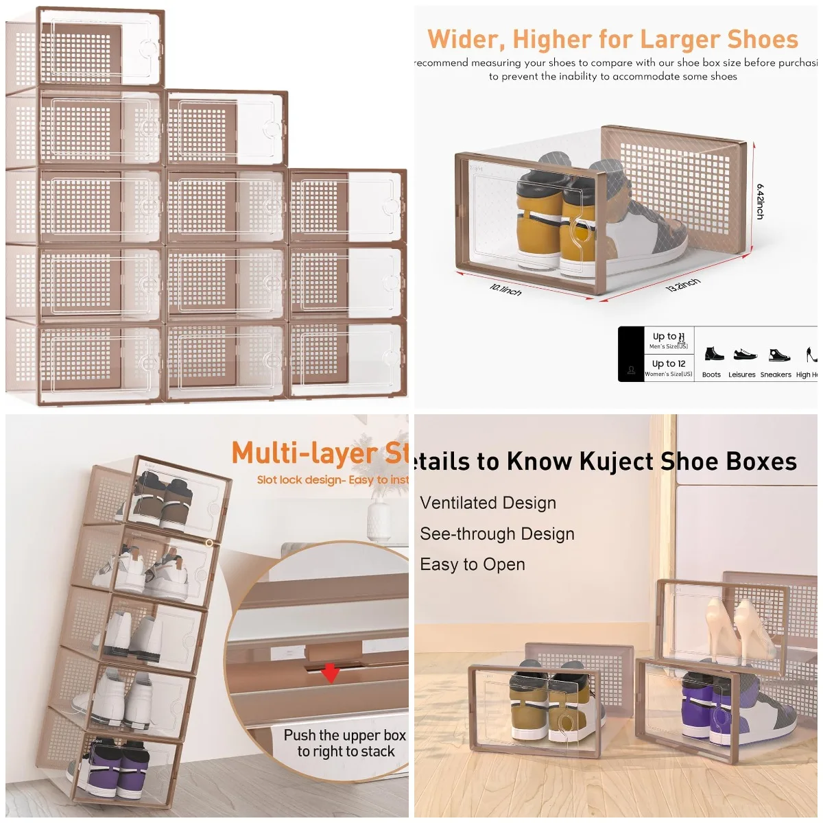 

X-большие ящики для хранения обуви, 12 упаковок прозрачных пластиковых штабелируемых органайзеров для шкафа, размер подходит 11, компактное хранилище для прихожей, B