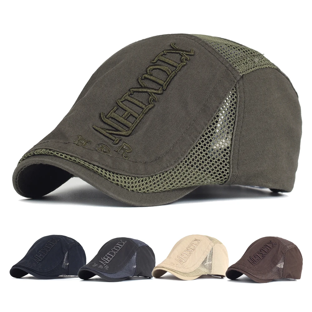 Gorros de algodón de malla para hombre, boina informal con letras a la moda, gorra plana de hiedra para conducir, Golf, primavera y verano