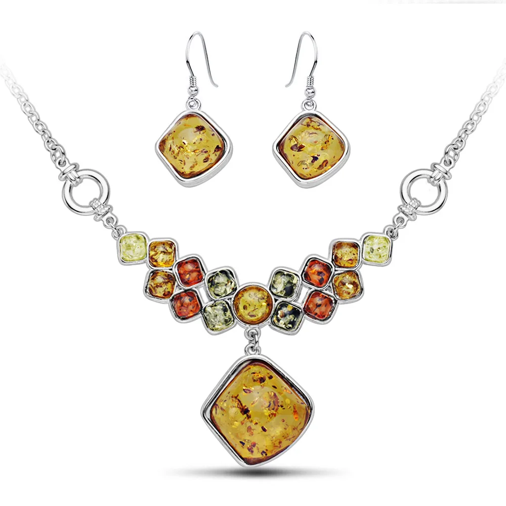 Fashion Chic Multicolor Baltic Simulated Synthetic Honey Pendant Necklaces Dangle Earring Wedding Jewelry Sets L41801D