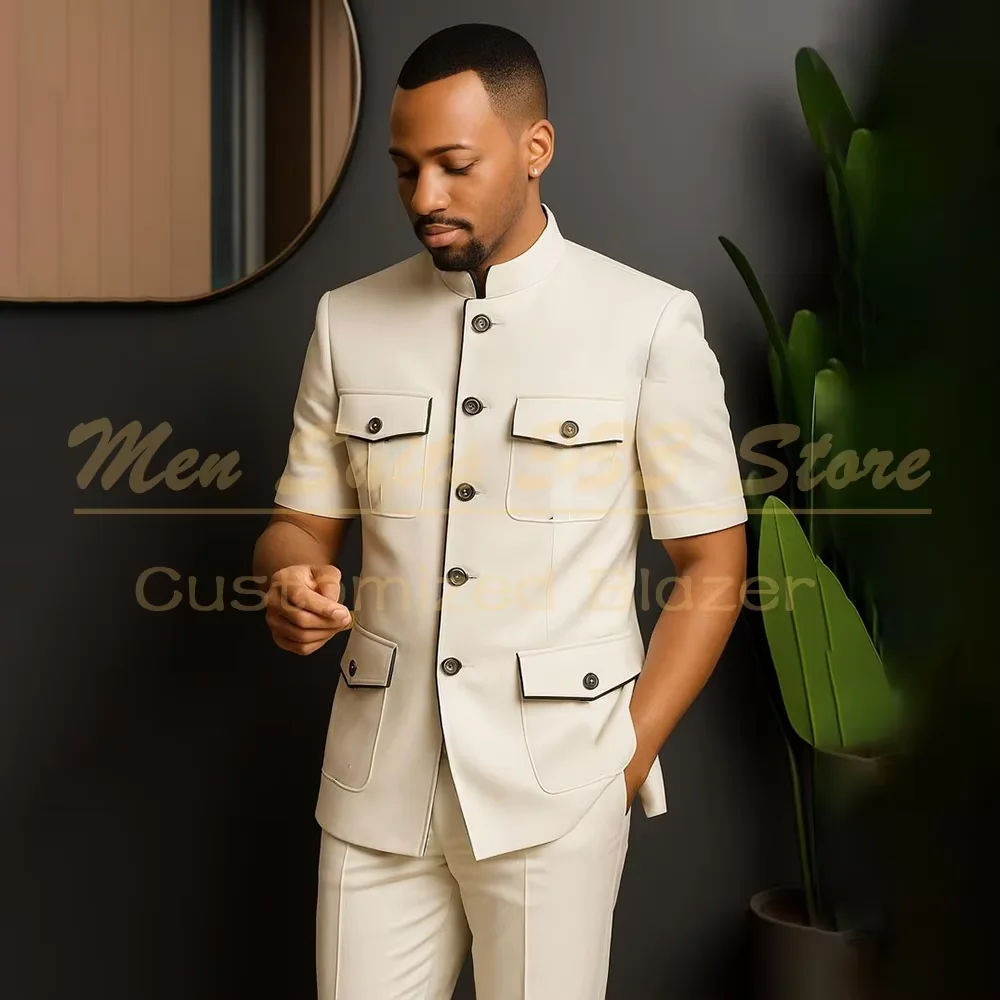

Safari Short Sleeve Men's Suits Simple Back Vent Stand Lapel Blazer With Shoulder Pads Luxury Slim Fit 2 Piece Jacket Pants Sets
