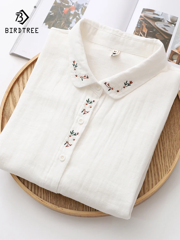 

Новая женская хлопковая рубашка с длинным рукавом на весну 2026 года, с отложным воротником и вышивкой, в стиле Mori Girl, дышащая свободная блузка T62325CC