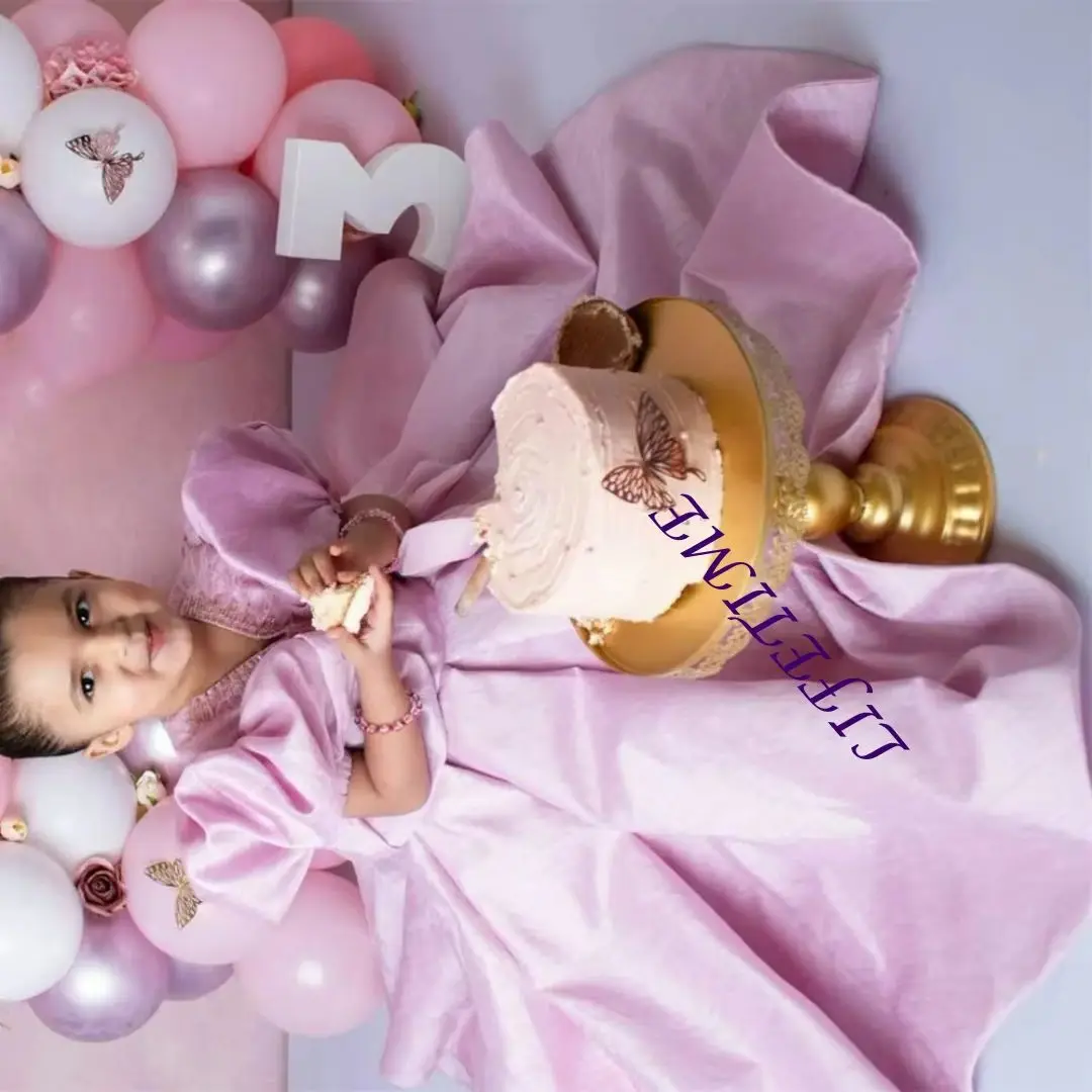 فاخر ريشة الخامس الرقبة نفخة الأكمام ألف خط الطية زهرة فتاة فستان طول الأرض كلاسيكي أنيق ثوب التواصل الأول مخصص #1