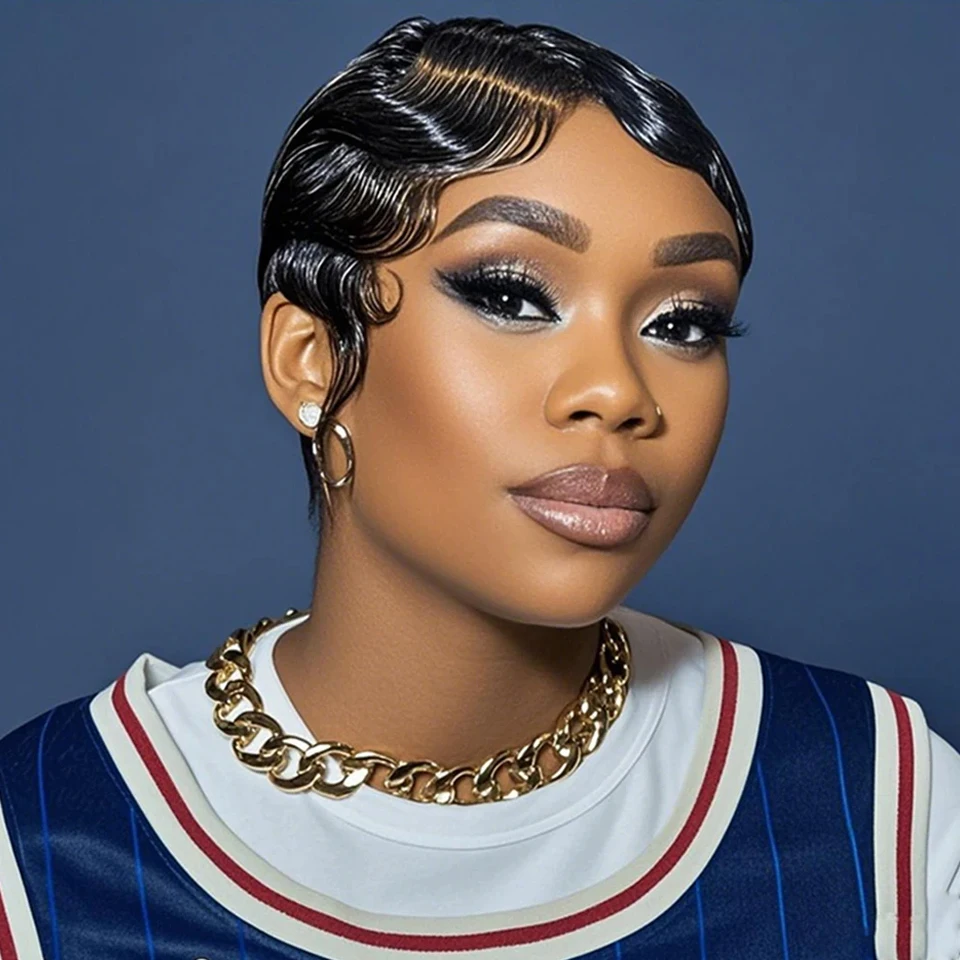 

Цветной # 99j # 27 # 1b # 4 коротких парика-пикси для чернокожих женщин, парик для мам, парики из бразильских натуральных волос, парик с эффектом волн Finger Ocean Wave, натуральные волосы