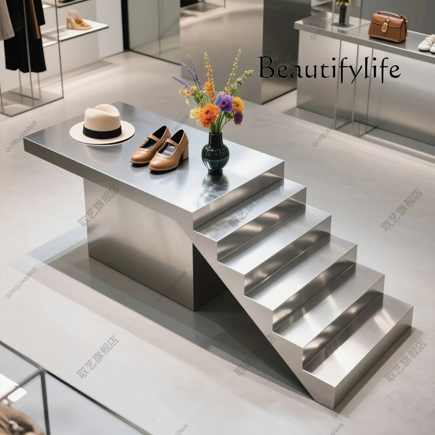 Clothing Store Stainless Steel Ladder Water Table Shoe Store Shoe Rack Middle High And Low Table Display Table Jewelry Bag Di