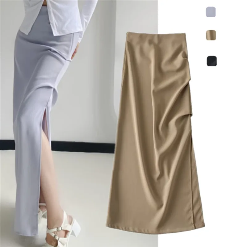 

Платье-юбка А-силуэта с высокой талией в уличном стиле, приталенное, с разрезом, из тонкого материала, для работы, короткое, для женщин