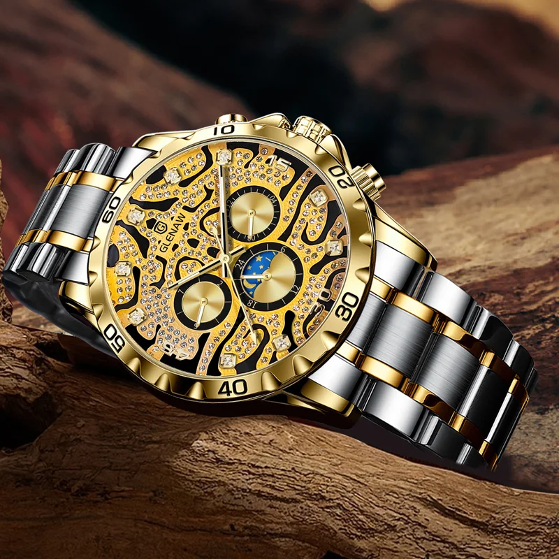 GLENAW NEW Gold Skeleton Watch for Men Fashion Diamond Luxury Automatic Mechanical Watches Luminous Hands Stainless Steel Strap