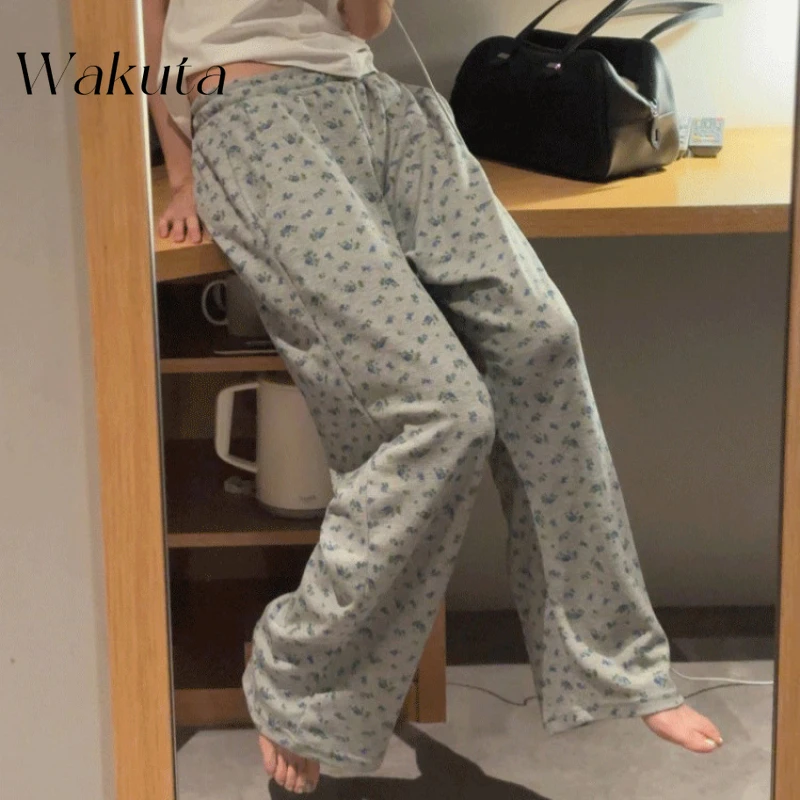 

WAKUTA Japanese Looseness Romantic Small Floral Waffle Casual Pant Spring Summer Harajuku Vintage Trousers Women カラコン Sweatpants