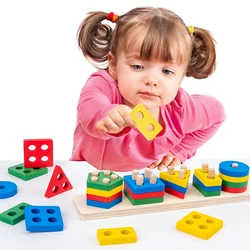 Montessori Houten Educatief Speelgoed voor Kinderen 1 2Y Baby Vorm Kleur Sorter Blok Puzzels Peuter Grote Geometrische Stapelen Speelgoed