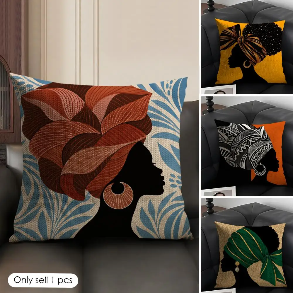 African Woman Tribal Bohemia Cushion Cover Skin-Friendly Organic Linen Pillow Cover Durable Hypoallergenic Washable Soft