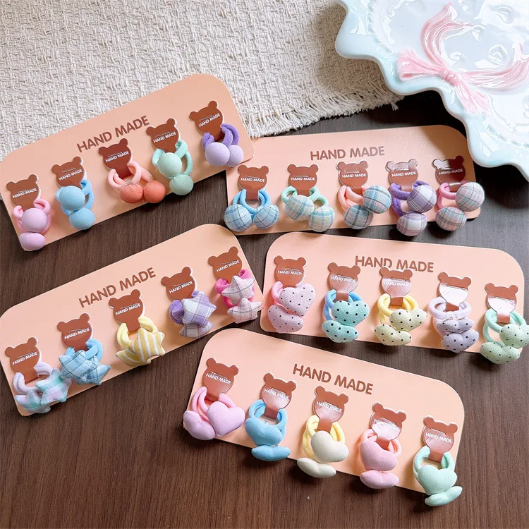 Gentle Kids Hair Elastics Colorful Plaid Dot Love Star Patterns Thumb Rings Soft Non Slip for Braids and Pigtails