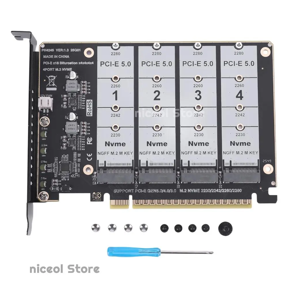 

PCIE Express 5.0 Gen5 Gen4 X16 Adapter Bifurcation Card To 4X NVME M.2 NGFF SSD Adapter Card Hard Drive Converter