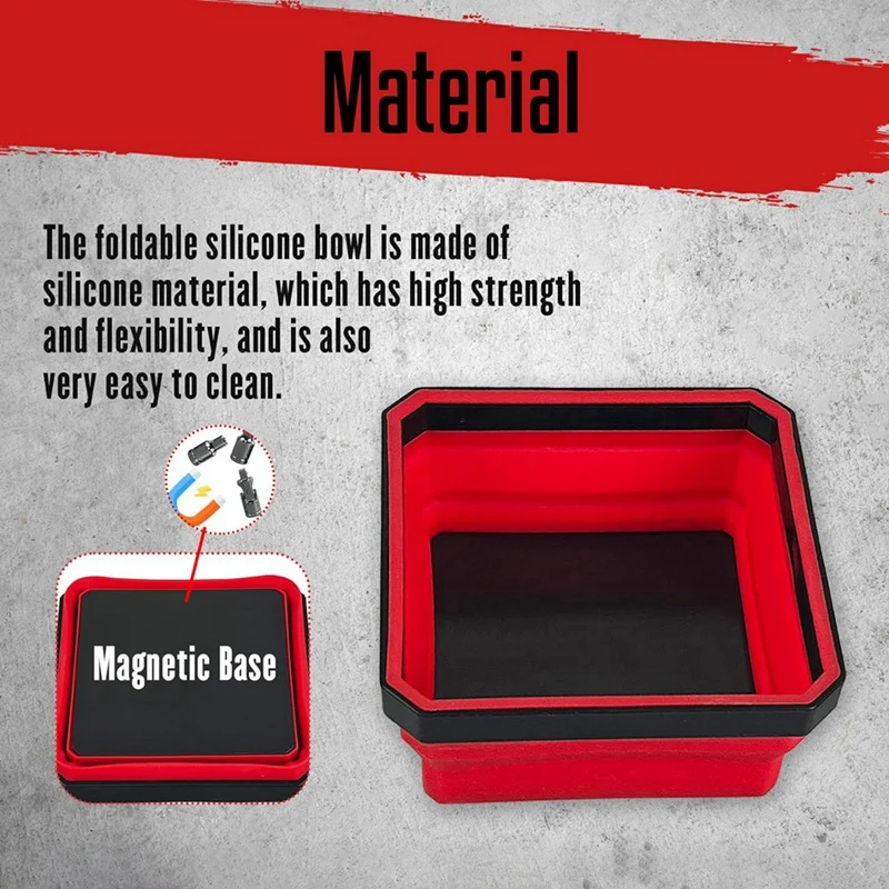 Fold Magnetic Parts Tools Tray Set, 4-Pack Foldable 4.5Inch Square Silicone Bowls With Double Sided Magnetic Base