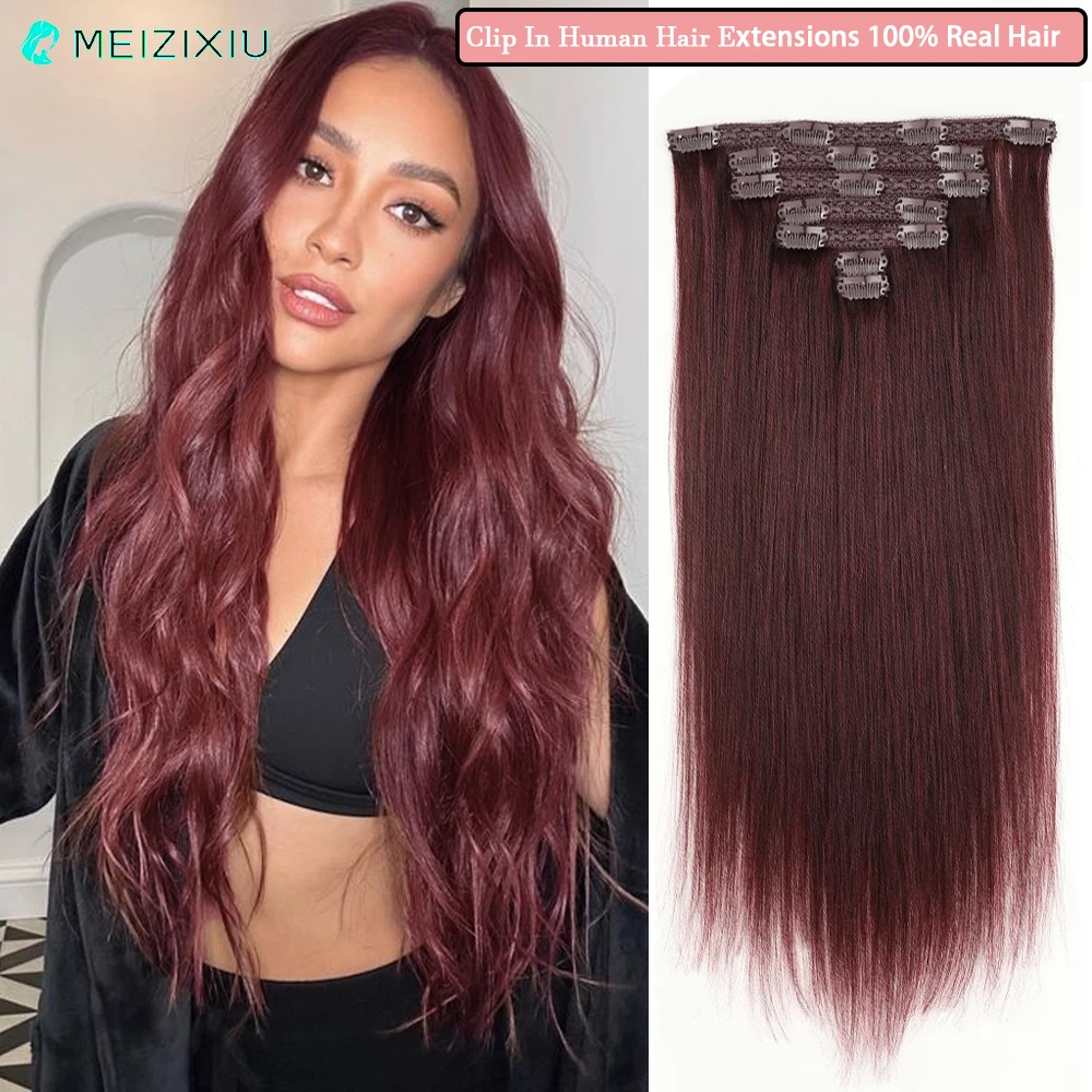 Clip In Hair Extensions Lace Clip Real Hair Clip In Human Hair Extensions for Women Add Hair Burgundy 99j# 20 Inch 70g 7pcs/Pack