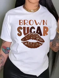 Cotton Women T-Shirt Lips & Letters brown sugar  Printing Short Sleeve  Casual Loose Street Tops Summer Fashion Sporty Clothes