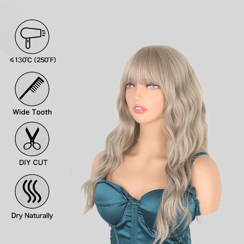 SNQP Wig rambut palsu gaya baru Wig abu-abu perak keriting panjang 65cm untuk wanita pesta Cosplay harian serat suhu tinggi tahan panas