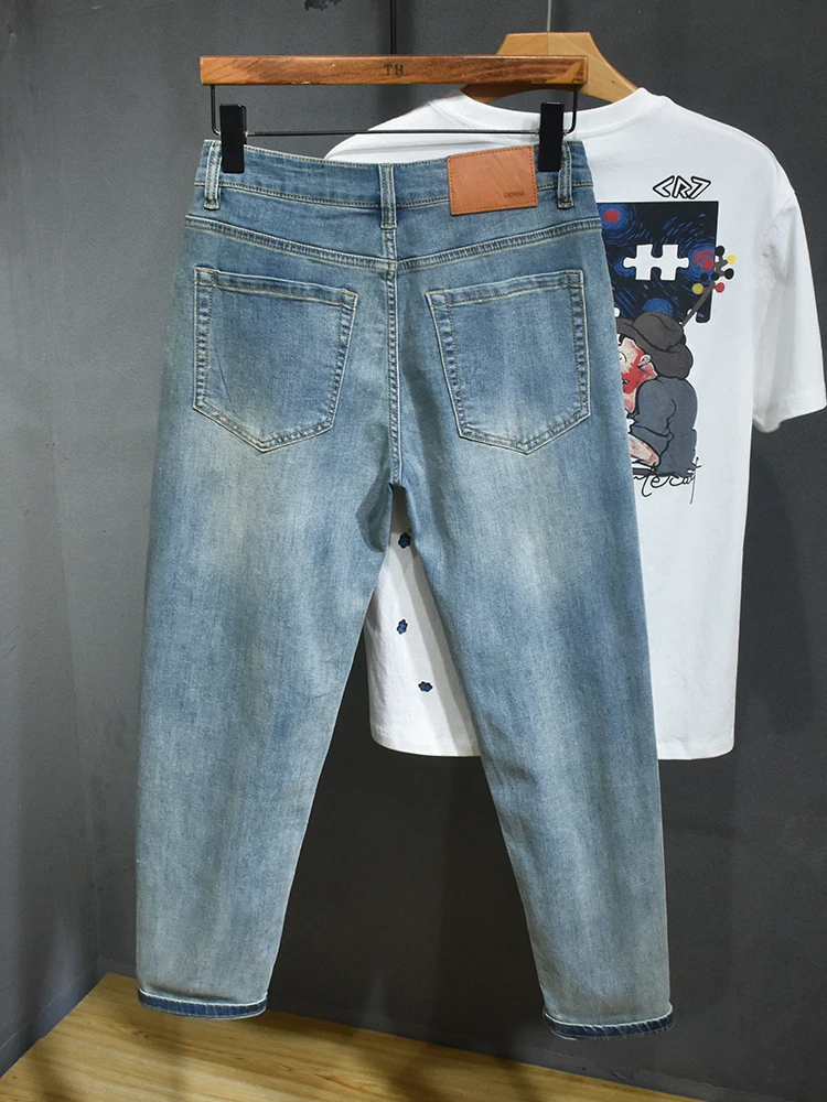 الرجعية الأمريكية Waed الضوء الأزرق مطاطا تسعة عشرات الرجال ضئيلة مستقيم رقيقة الدينيم الجينز العلامة التجارية العصرية عارضة القطن تمتد