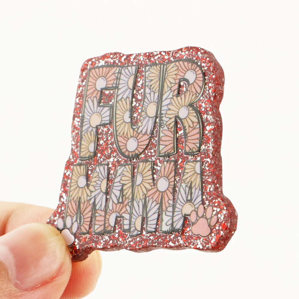 5PCS Text Acrylic Resin Planars MOM Glitter Powder Card Cover Flatback Handmade Materials for Refrigerator Magnet Badge Sticker