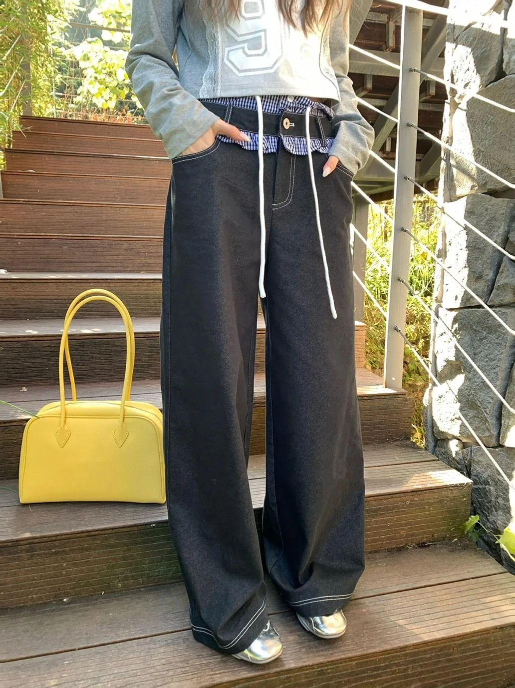 

Женские джинсы с высокой талией и пэчворком, новинка весеннего сезона, с двойной талией, прямые, свободного кроя, модные джинсовые брюки