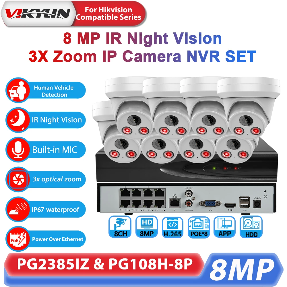 Vikylin 8MP 3X Zoom IR Night Vision IP Camera Human Vehicle Detection 8POE Outdoor Security System Network Video Recorder Kit