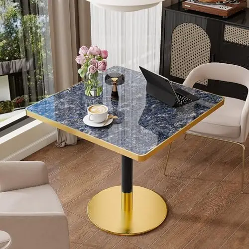 31.5" Square Dining Table, Square Restaurant Table With 1.2" Thick Sintered Stone Tabletop And Golden Metal Pedestal