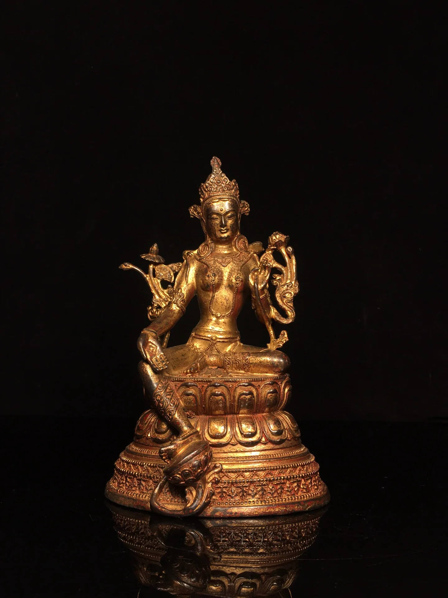 

9"Tibetan Temple Collection Old Bronze Cinnabar Mud gold Green Tara Sitting Buddha Double Lotus Platform Worship Hall Town house