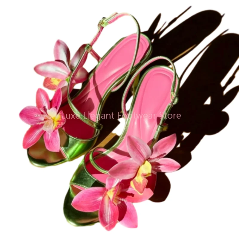 Red Flower Decor Back Strap Hollow Slingback Sandals Women Mixed Colors Open Toe Strappy Thin High Heels Sweet Vacation Shoes - view 5