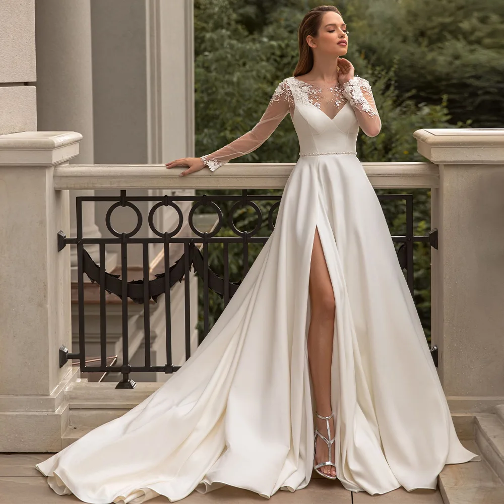 

Vintage A-line Wedding Dresses for Women Side Split Long Sleeves Sheer Appliques O-neck Sweep Train Bridal Gown vestido de novia