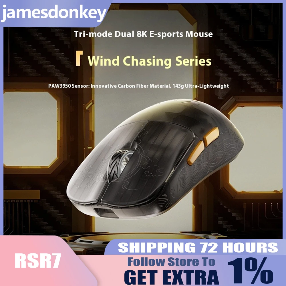 

JamesDonkey RSR7 Carbon Fiber Gaming Mouse Lightweight 8k Tri Mode PAW3395/3950 Wireless E-sports Game Mouse for PC Accessories