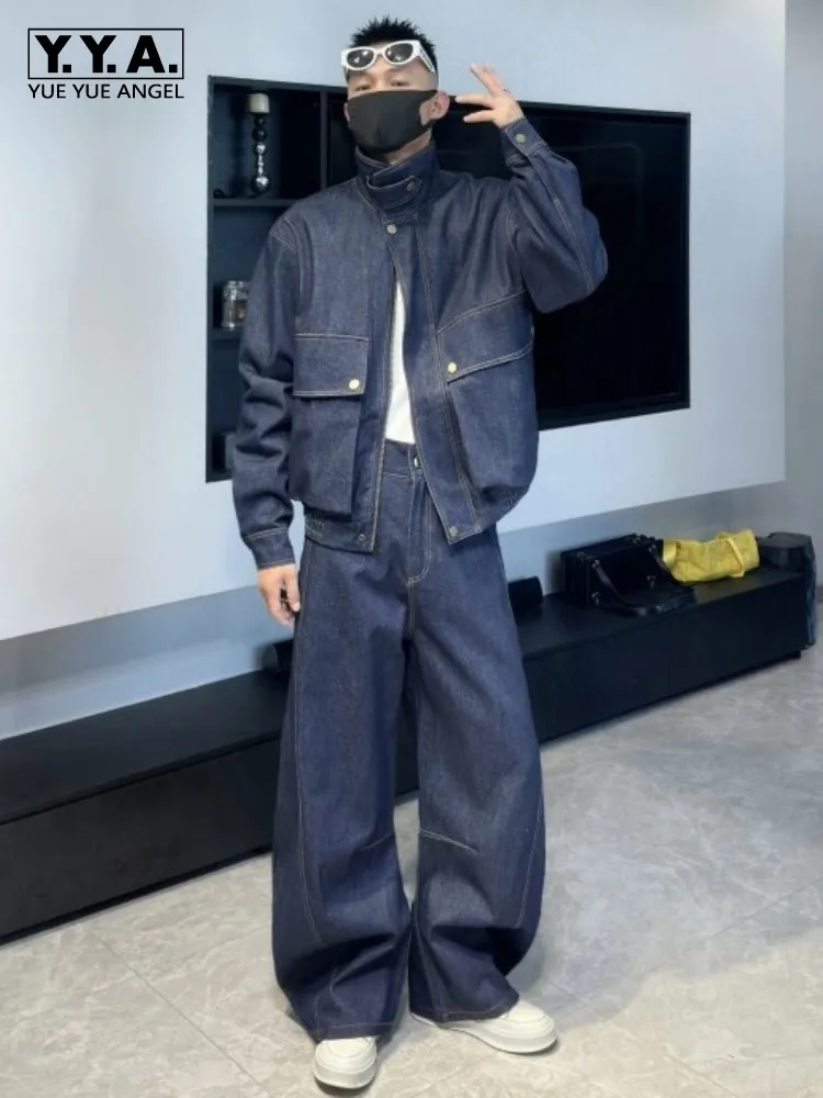 Autumn Mens Vintage Caego Denim Jacket Wide Leg Jeans Two Piece Sets Loose Fit Streetwear Hip Hop Casual Matching Set Outfit