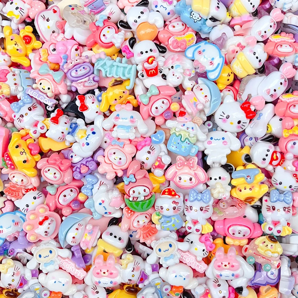 Mix de 50 piezas de accesorios decorativos de resina 3D de Kuromi Sanrio y Hello Kitty, ideales para fotos, mini accesorios para horquillas, tazas y manualidades DIY, regalo.