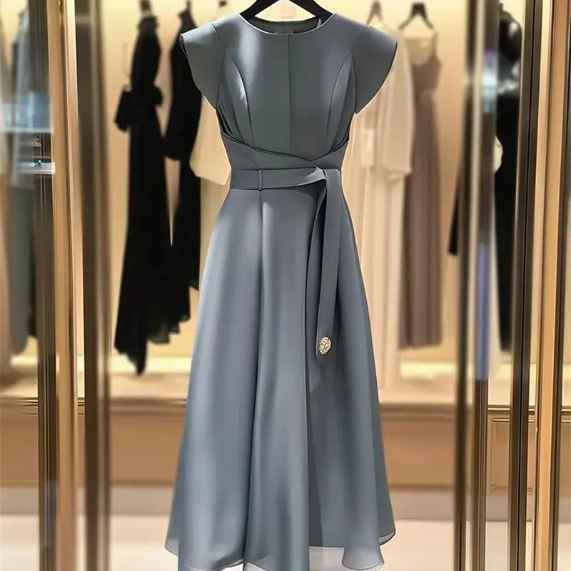 Summer New Women\'s Elegant Celebrity Midi Dress Office Lady Solid High Waist A-Line Party Vestidos Female Belt Formal Dress