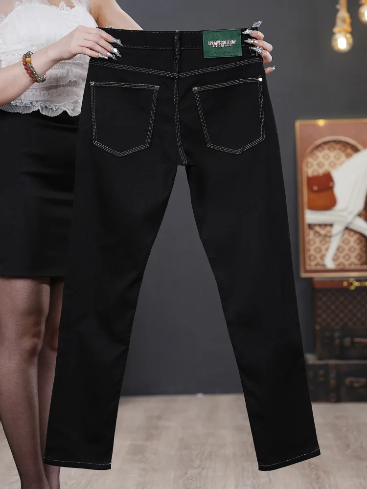 夏用薄手ジーンズ メンズ 純黒 スリムフィット 細身 伸縮性 おしゃれ 多機能 トレンド カジュアルパンツ