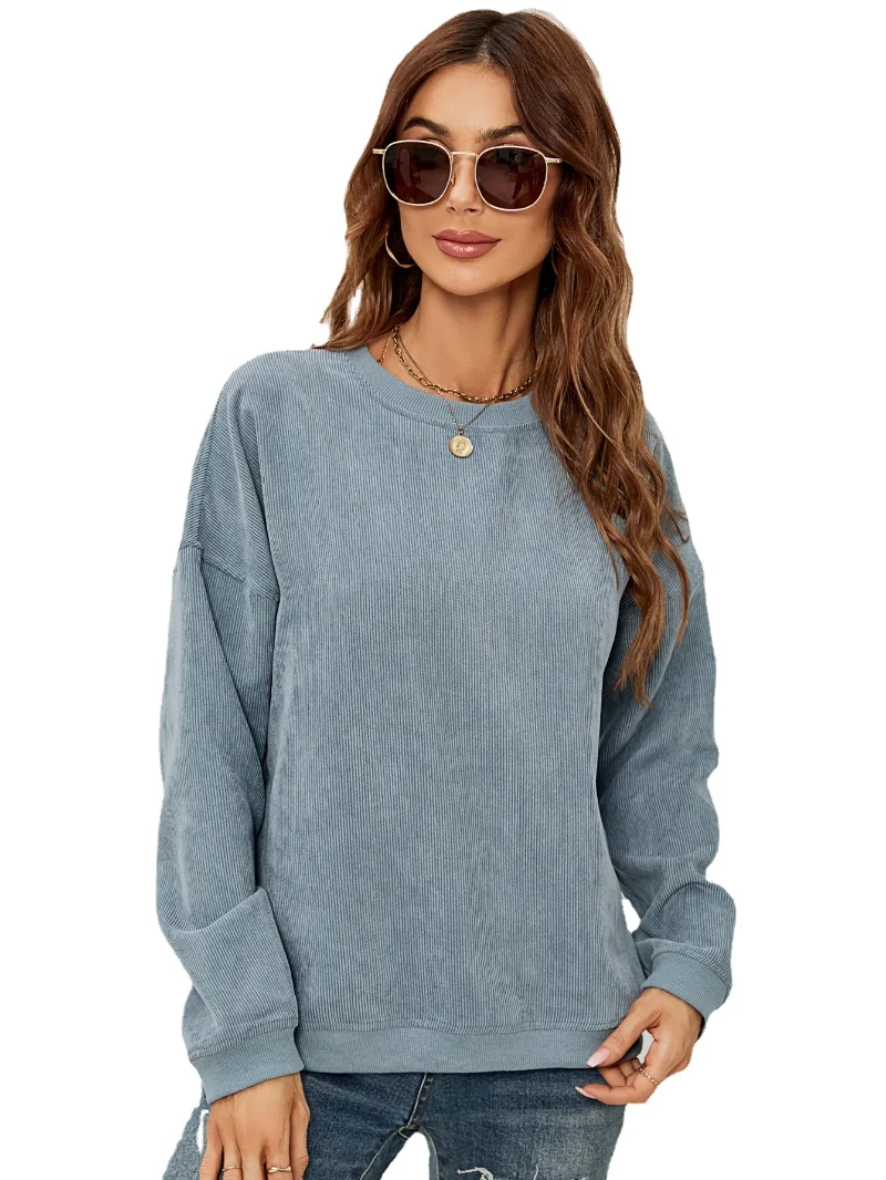 Women's Corduroy Round neck Solid Long Sleeve casual Sweatshirts Pullovers for Women