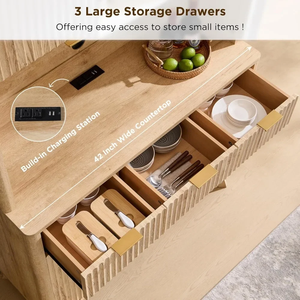 72 Inch High Bar Cabinet with Storage, Modern Wood Coffee Bar Cabinet with LED Lights and Storage Racks