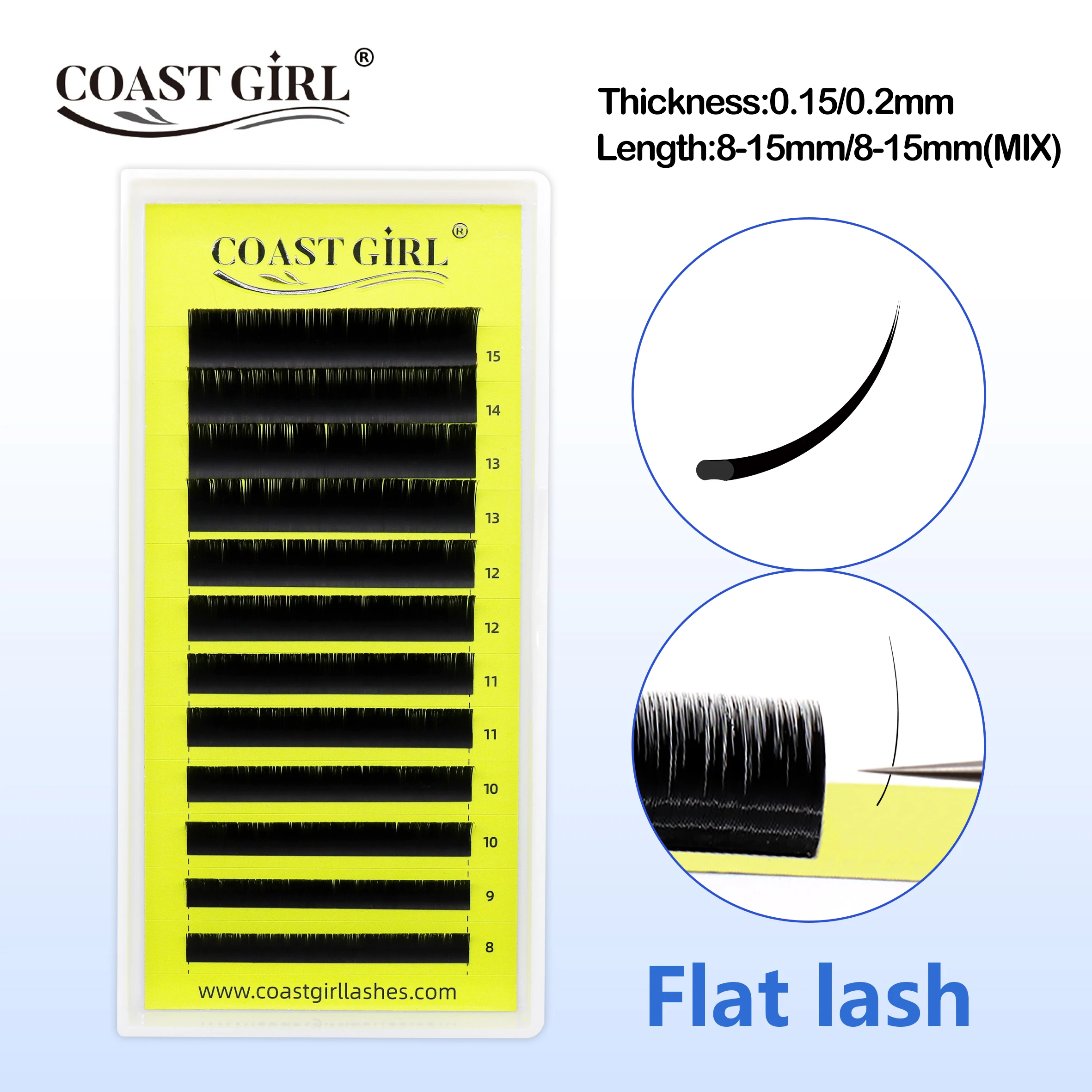 COAST GIRL Flat Ellipse Eyelashes Split Tips Matte Black Handmade Super Soft 0.15/0.20mm C/D/CC/DD Curl 8-15mm  Flat Shaped Lash