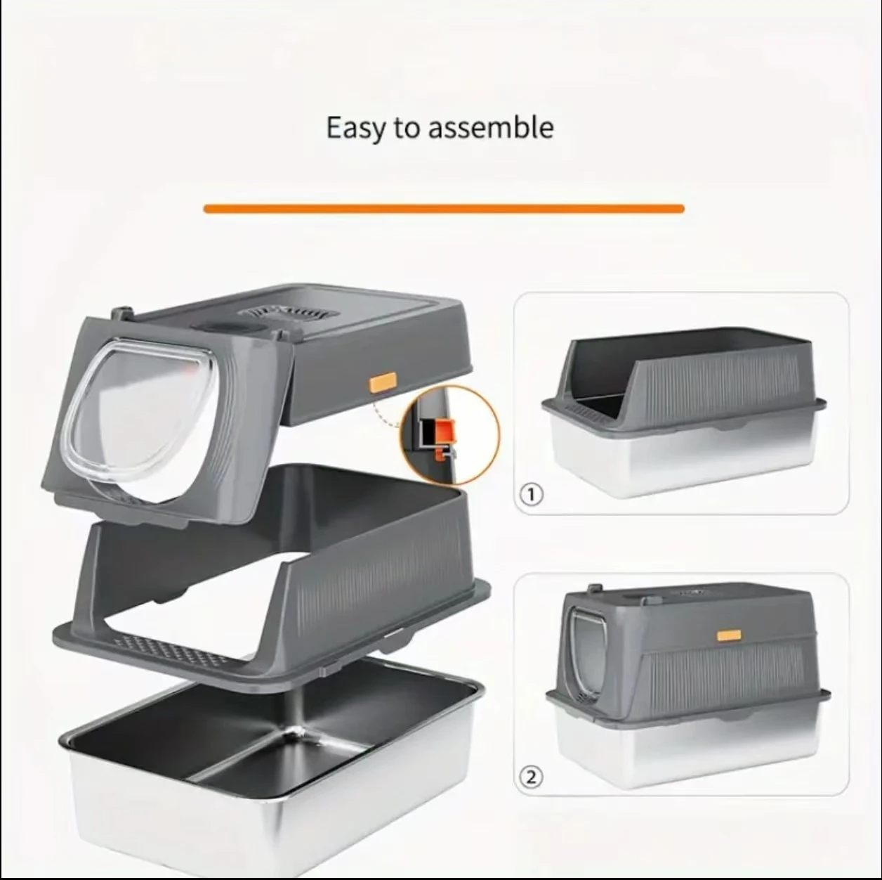 Stainless Steel Cat Litter Box with Lid, 3 in 1 Removable Litter Box for Big/Multiple Cats, High Sides Kitty Litter Pan