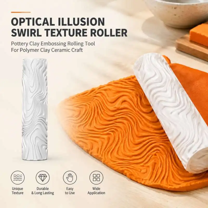 Optical Illusion Swirl Texture Roller Pottery Clay Embossing Rolling Tool For Polymer Clay Ceramic Craft