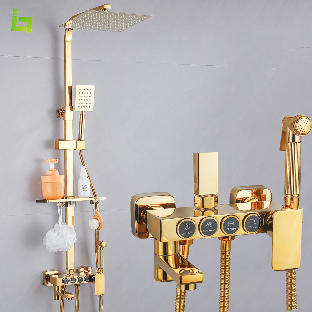 Gold Shower Faucet Set Rainfall Cold and Hot Button Bathtub Tap With Bathroom Shelf Multiple Water Outlet Methods