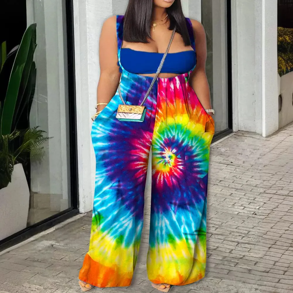 

2 Pieces Set Summer Outfits Jumpsuit Suit for Women Fashion Tube Top Tie Dye Print Wide Leg Suspender Jump Suit Y2k Streetwear