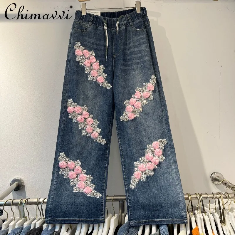

Heavy Three-Dimensional Rose Embroidery Jeans 2025 Autumn New Fashion Retro Elastic Waist Slimming Streetwear Denim Pants