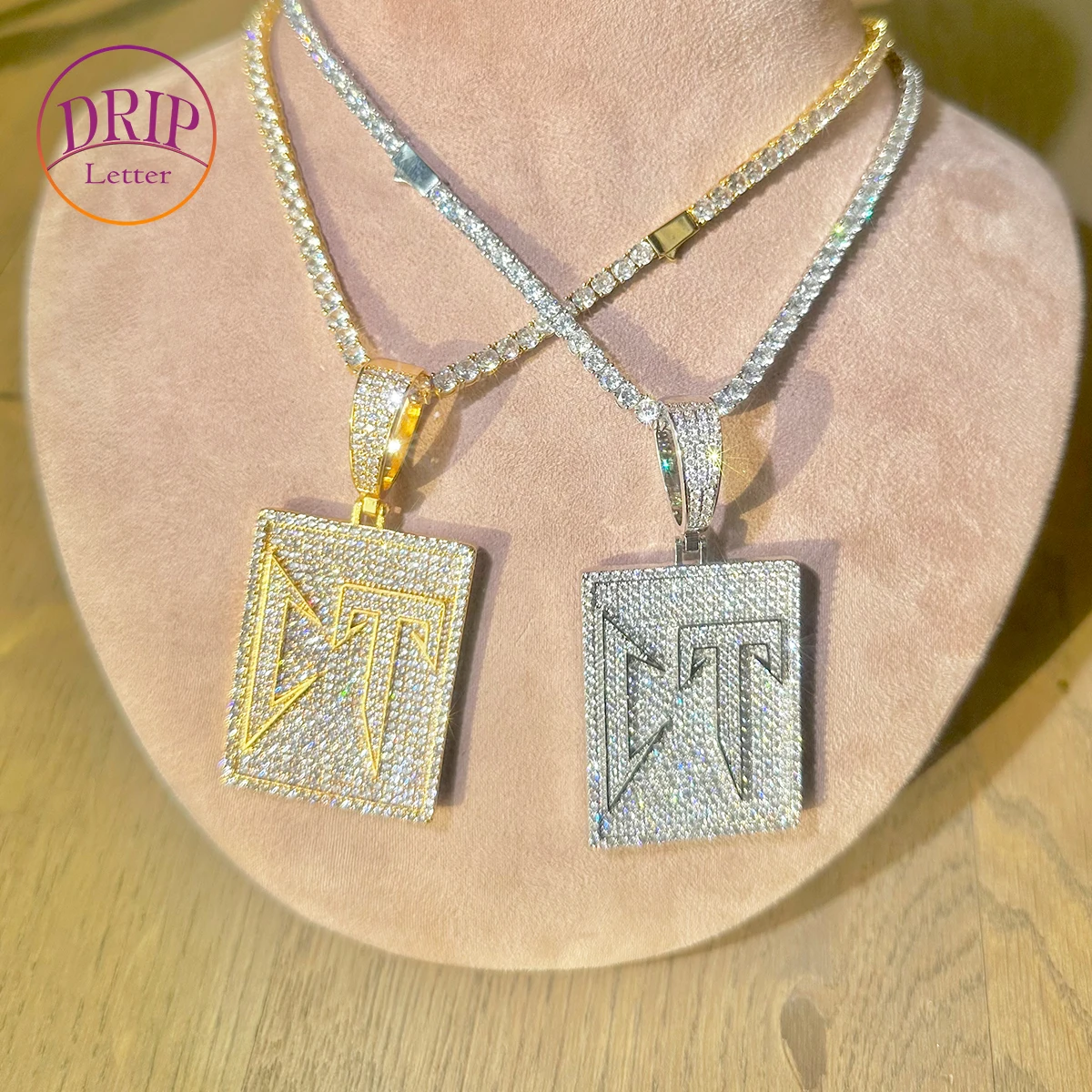 

Drip Letter Iced Out CT Necklace Pendant for Women Hip Hop Jewelry Iced Out Cubic Zirconia Real Gold Plated